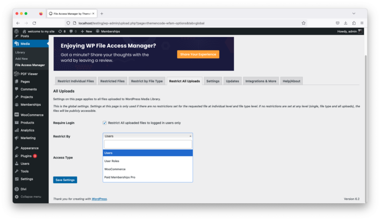 restrict by user wp file access manager