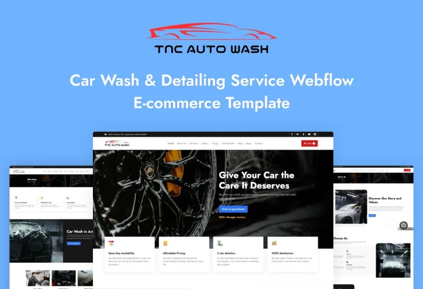 TNC Auto Wash – Automotive Webflow Template with Preview video