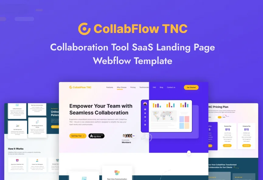 New Webflow Template for Collaboration SaaS – CollabFlow TNC Landing Page